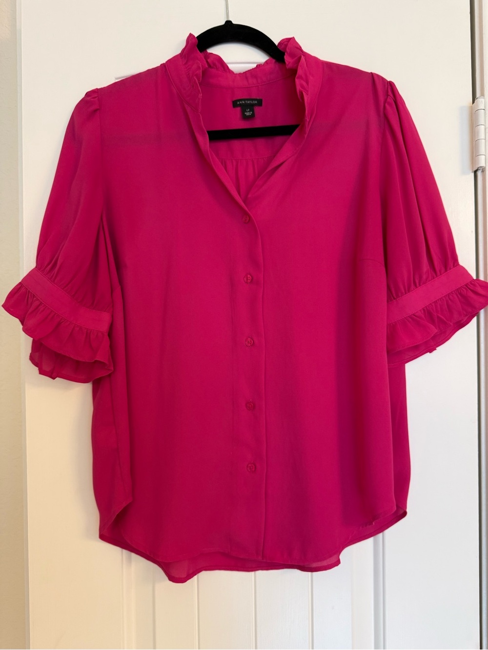 Ann Taylor Hot Pink Ruffle Sleeve Button-Down Blouse